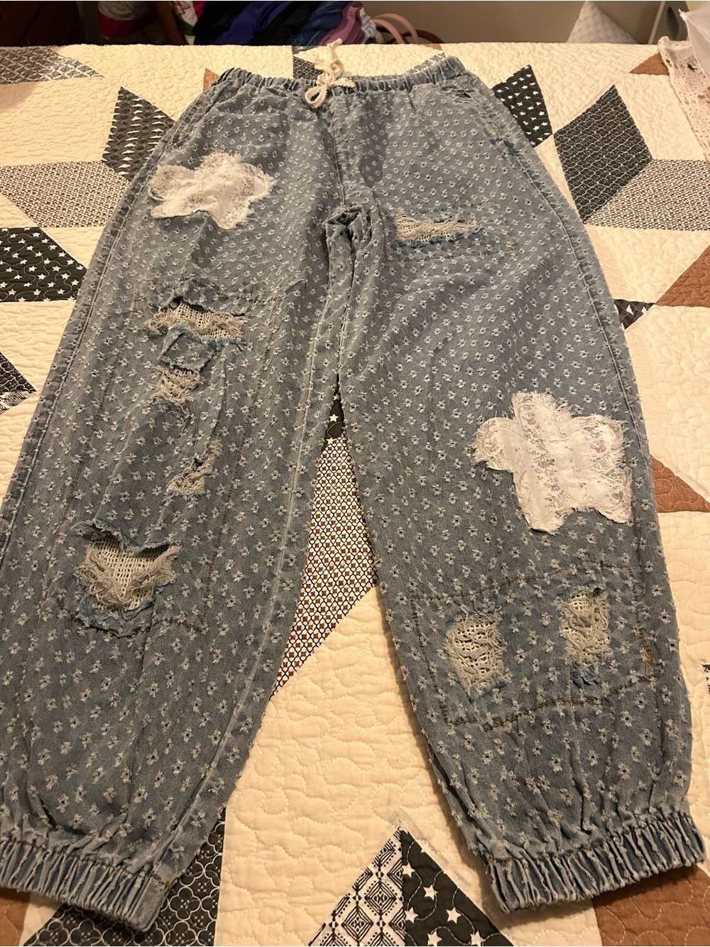 POL Light Blue Patchwork Distressed Joggers